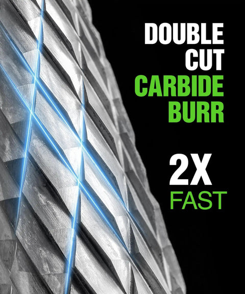 Close-up view of 20 Piece Double Cut Carbide Bur Set With 1/8 Inch Shank For Die Grinder Bits Ideal For Milling Carving Engraving Deburring And Drilling Hard Wood And Metals On Rotary Tools YG-8x Tungsten Carbide Drill Bit Set, highlighting double cut design.