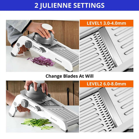 24 In 1 Mandoline Slicer With Waffle Fry Cutter Blade For Fast Veggie Prep showing dual-sided stainless steel blades and julienne settings.