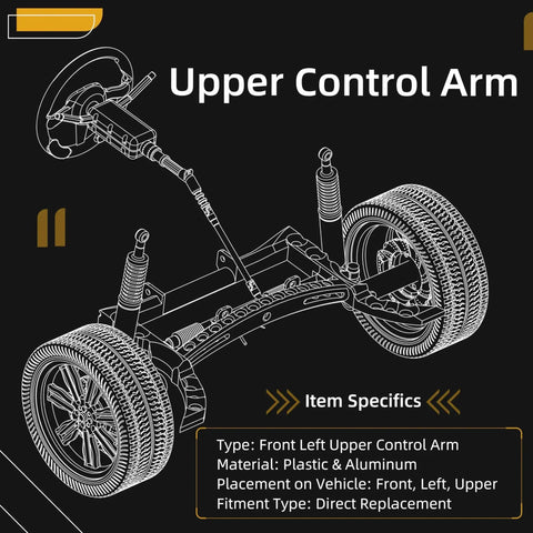 Diagram of front left upper control arm for Tesla Model 3 2017-2021 and Model Y 2020-2021, made of plastic and aluminum.