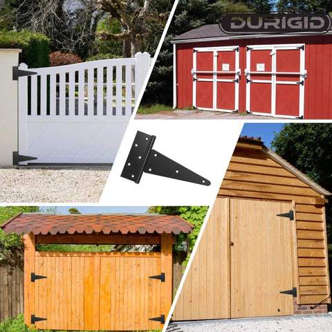 Durigid 6 Pack 10 Inch T Hinge Heavy Duty Hinges for wood shed doors and fence gates in outdoor setting.