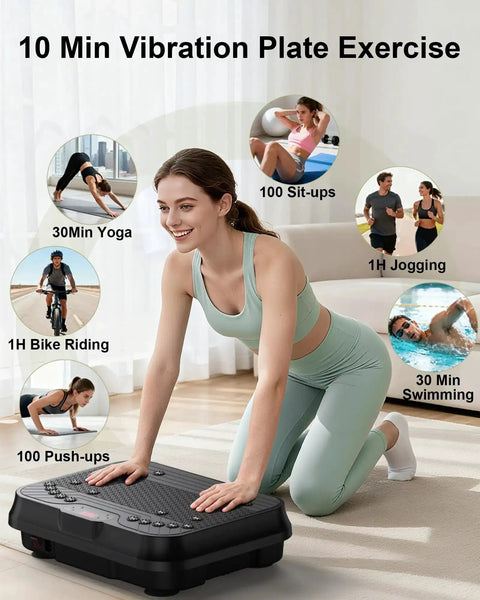 Woman using Total Body Vibration Plate for Kickstart Fat Burn and Lymphatic Drainage Home Gym Workout with 250 Speed Levels