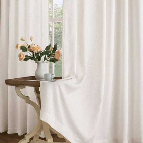 Pinch Pleated Linen Sheer Curtains 102 Inch Long, Two Panel Set With Ring Hooks And Clips For Track System, hung in living room