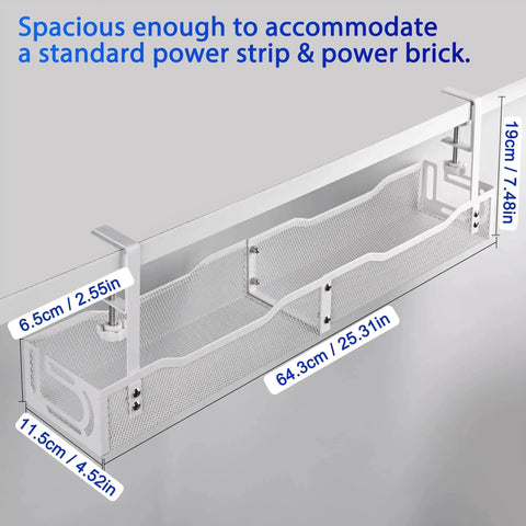 Massive 25 Point 3 Inch Under Desk Cable Management Box Clamp Mounted Cord Organizer Tray in white with mesh design.