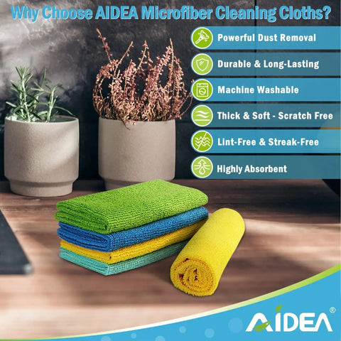 Colorful AIDEA microfiber cloths stacked on a table, highlighting features like powerful dust removal and high absorbency.