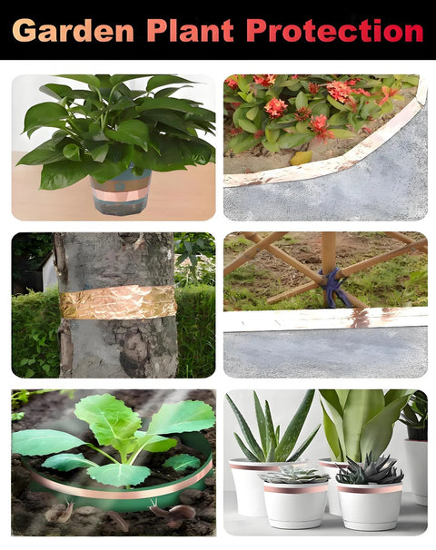 Conductive copper foil tape 1/2 in x 50 ft; copper adhesive shown on pots, tree trunk, edging, planters; six views