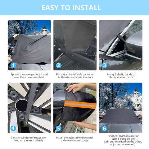 Installation steps for All Weather 75x47 Inch Windshield Cover For Ice Snow Rain Waterproof With Side Mirror Protection.