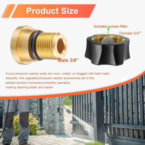 Water Inlet Fitting For Simpson High Pressure Washer Pumps With Three Eighths Inch Male End And Three Quarters Inch Female End Replacement Connector Part DZQPPC 7112362 Fits Multiple Models And Replaces Worn Inlet Connectors product size description with male and female fittings