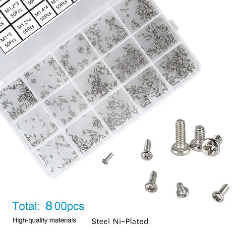 Ultra Tiny M1 Micro Screws Kit For Electronics Repair And Diy 800 Pieces Includes M1x2mm M1x2.5mm M1x3mm M1x4mm M1.2x2.5mm And More Phillips Pan Head Mini Screws In Nickel Plated Carbon Steel With 16 Styles In Plastic Box showing screws in compartments and loose screws.