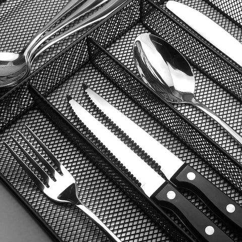 24 Piece Stainless Steel Silverware Set For 4 Dishwasher Safe Flatware Utensils With Knife Fork Spoon Steak Knife And Black Wire Mesh Storage Tray Included