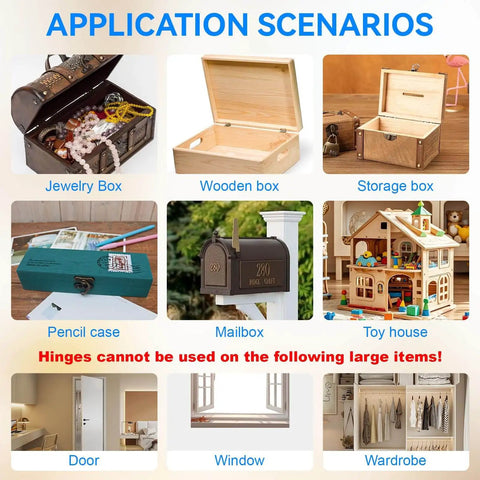 Application scenarios for Matte Black 18x15mm Mini Hinges With 200 Screws for small wooden items like boxes and kits.