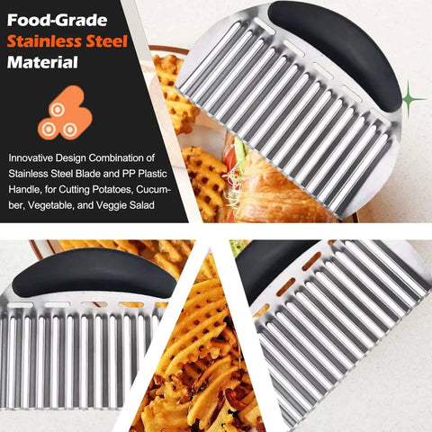 Large Crinkle Cutter For French Fries And Veggies, Stainless Steel Wavy Slicer With Handle shown with waffle fries