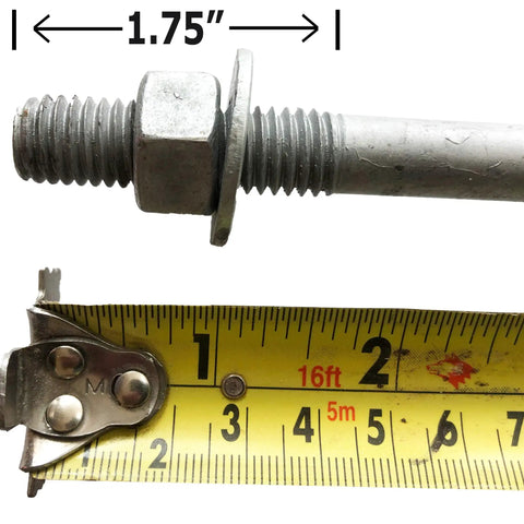 Close-up of Galvanized Anchor Bolts In 10 Inch By One Half Inch with measuring tape showing 1.75-inch, nut and washer visible.