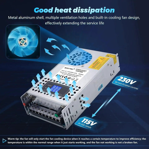 Beefy 600W 24V Adjustable DC Power Supply with LED display, cooling fan, and heat dissipation features, AC 110V to 220V input.