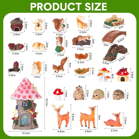 Size chart of the Totally Adorable Miniature Squirrel Garden Accessories Set with 19 pieces including resin squirrels, mushrooms, and more.