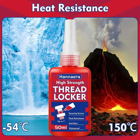 High Strength Red Thread Locker 271 bottle with ice and volcano background, showcasing temperature resistance range of -54°C to 150°C, 50 ml.