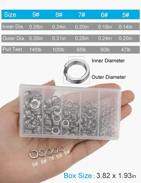 250 Piece Stainless Steel Fishing Split Rings Assortment Kit, Double Flat Wire Snap Ring Lure Tackle Connectors, Sizes 9 To 5