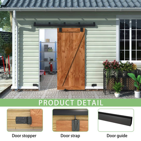 6Ft Black Exterior Sliding Barn Door Hardware Track Kit installed on outdoor wall with wooden barn door and metal rail