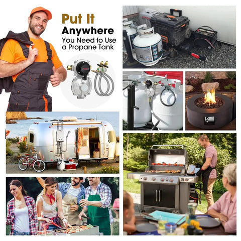 Collage showing Two Stage Automatic Changeover LP Propane Gas Regulator With 36 Inch RV Pigtail Hoses And Gauge POL Connect 100 Lb Tank
