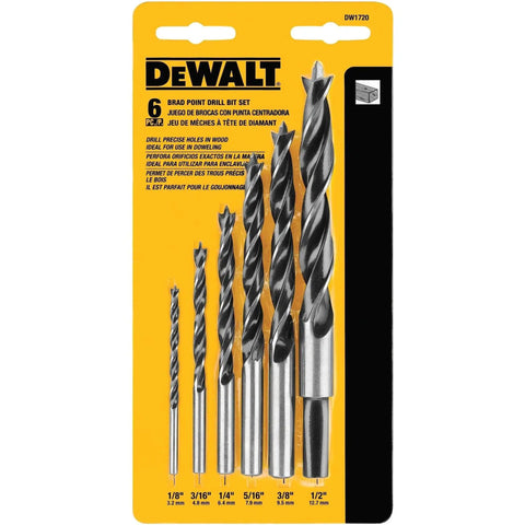 Packaging of Brad Point Drill Bit Set For Wood And Metal 6 Piece DW1720 Pro Grade with various bit sizes displayed.