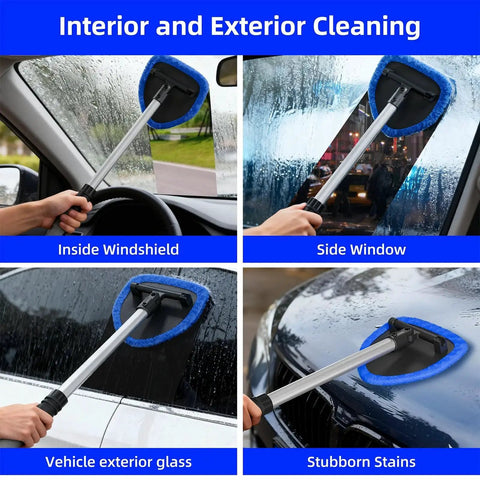 Extendable Windshield Cleaning Tool With 4 Microfiber Pads And Spray Bottle used on car windows and surfaces