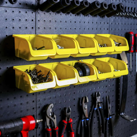 36 Pack Pegboard Bin Kit With 18 Medium And 18 Large Yellow Bins for garage workshop organization installed on a pegboard.