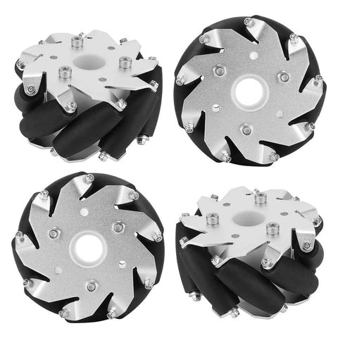 4 Piece 100mm Steel Mecanum Wheels Set For Your Robot Car Left And Right Wheels With Omni Directional Movement, aluminum frame, rubber rollers