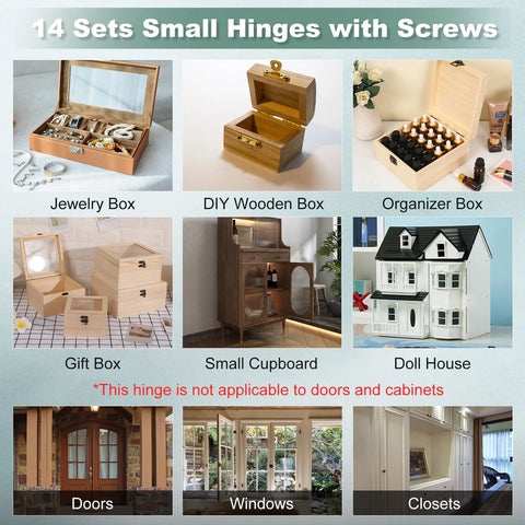 14 Sets Small Hinges with Screws for wooden boxes; jewelry box, DIY box, organizer, gift boxes, small cupboard, doll house