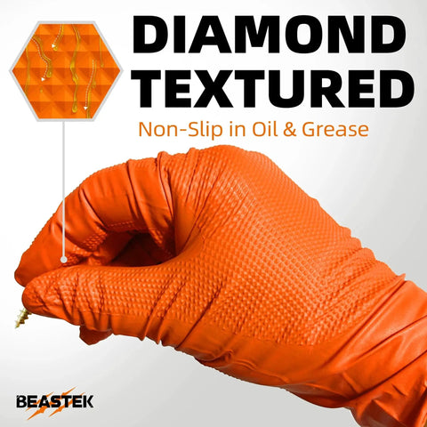 Close-up of hand wearing 8 Mil Nitrile Disposable Gloves Heavy Duty Diamond Textured Orange Large 50 Pcs, showing grip texture.