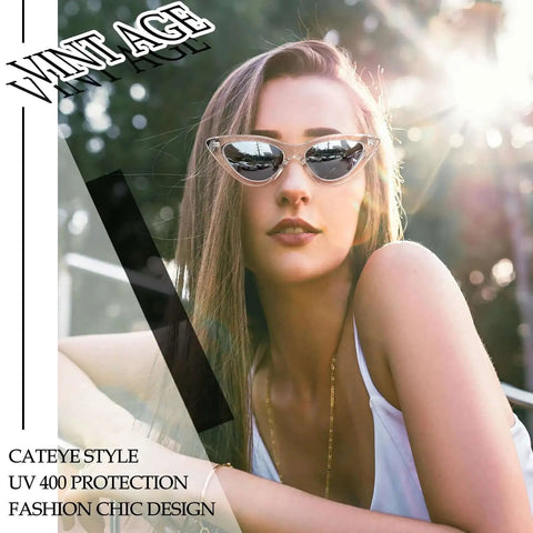 Woman wearing Silver Cat Eye Sunglasses With Polarized UV Protection, Transparent Frame And Mirror Lenses, Y2K Cateye Sunnies For Women.