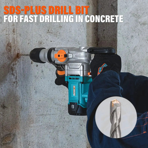 All SDS Plus Rotary Hammer Drill Bit And Chisel Set, 17 Piece, with drill in concrete, close-up of carbide tipped bit