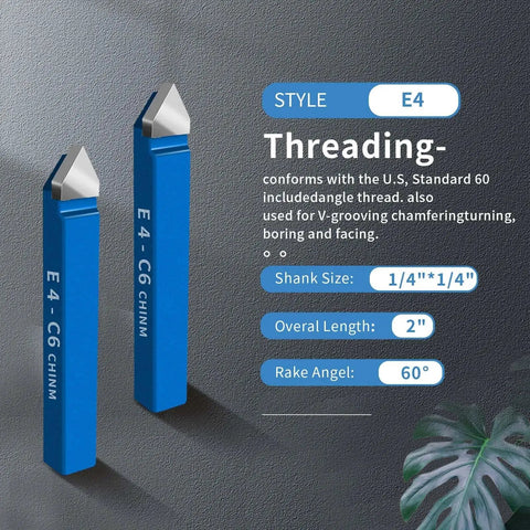 Ten Pack Carbide Lathe Tool Bits Set For Metal Turning, Boring, And Chamfering With One Quarter Inch Shank, High Precision Cutting Tips AR4-C6, AL4-C6, BR4-C6 For Durable Lathe Work, shown with E4-C6 specifications.