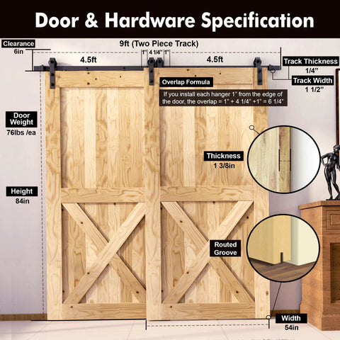 Diagram of Black Rustic Single Track Bypass Sliding Barn Door Hardware Kit 54In W By 84In H 9ft Flat Track installation specifications.