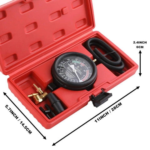 Fuel Pump And Vacuum Carburetor Pressure Tester Gauge Kit For Engine Diagnostics in red case with dial gauge and adapters