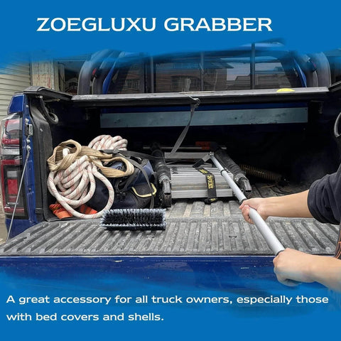 Person using Cargo Retriever Hook 6 Ft Telescoping Grabber Reach Tool For Truck Beds And SUVs Heavy Duty Pull Pole With Grab Hook in truck bed.