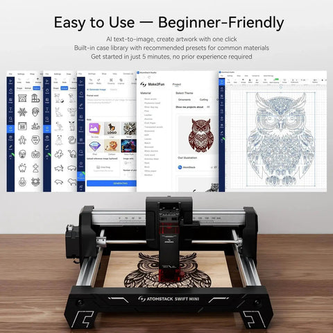 Swift Laser Engraver For Beginners 3W Desktop Cutter With 135x145mm Work Area And 0.04mm High Precision shown engraving an owl design on wood.
