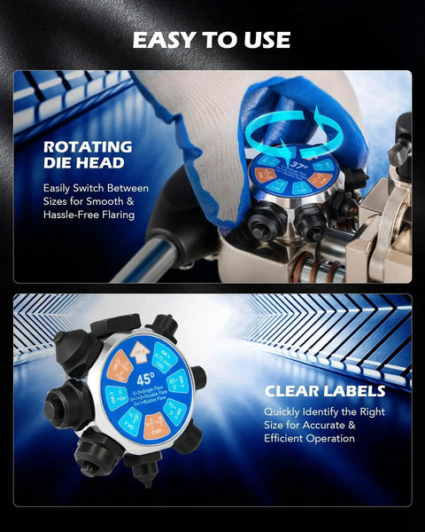 Brake Line Flare Tool Kit Dual Die Heads 3/16 to 3/8 Inch 37 and 45 Degrees, close-up of rotating head and clear labels.
