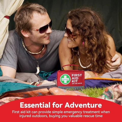 Couple outdoors with Go-To 150-Piece Compact First Aid Kit With Instant Cold Pack And Emergency Blanket For Travel