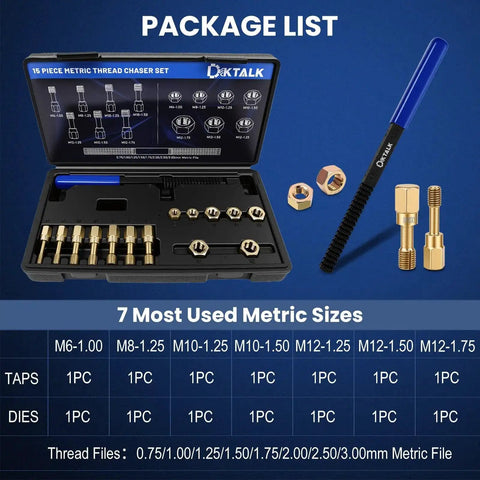 15 Piece Metric Thread Chaser Set With 7 Taps And 7 Dies Plus Thread Restorer File For Automotive And DIY Rethreading In Durable Case Pro Grade Tool M6x1.0 M8x1.25 M10x1.25 M10x1.5 M12x1.25 M12x1.5 M12x1.75, shown with case and tools