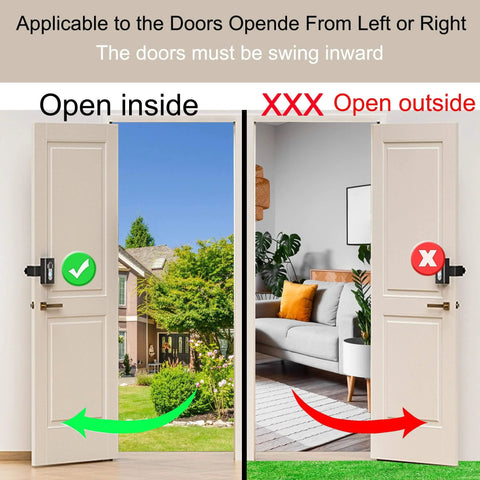 Illustration of No Drill Anti Theft Video Doorbell Mount for Apartment Rentals on inward swing doors, suitable for doors 0.59-2.36 inches thick.