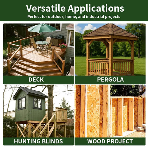 Image showing examples of outdoor structures: deck, pergola, hunting blinds, and wood project, suitable for heavy-duty timber screws.