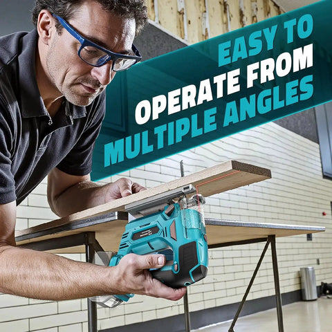 Man using Cordless Jigsaw With Laser Guide For Makita 18V Battery on wooden board, showing easy handling and precision cutting.