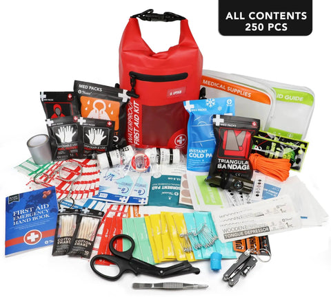 250 Piece IPX6 Waterproof First Aid Kit With Roll Top Reflective Boat Dry Bag and various emergency medical supplies displayed in red essentials bag