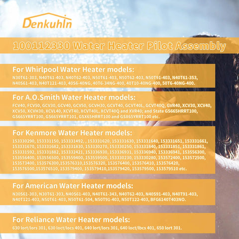 Denkuhin water heater pilot assembly 100112330 with thermopile for Whirlpool, A.O. Smith, Kenmore, and Reliance models.