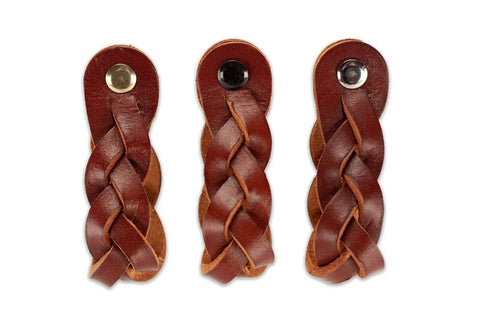Leather Drawer Pulls Braided Cognac Finish Set Of 12 6-1/2 X 1 Inch Leather Handles shown with screws