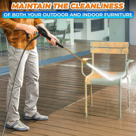 Person using Five Piece Pressure Washer Nozzle Tip Set With One Quarter Inch Quick Connect, 2700 PSI Power Washer Nozzles on outdoor chair.