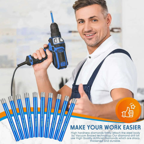 Person holding drill with Dry Diamond Drill Bits Set 10 Pieces One Quarter Inch Six Millimeter Hole Saw Kit visible below