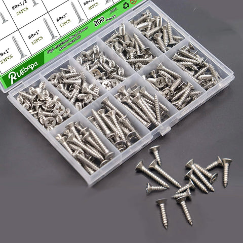 200 Piece Stainless Steel Wood And Sheet Metal Screws Set With Three Sizes Eight By One Half Inch Eight By Three Quarters Inch And Eight By One Inch Phillips Flat Head Drive For Wood Gypsum Board Plastic DIY Projects