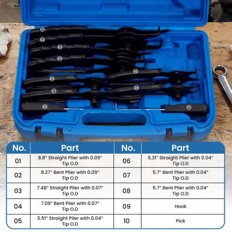 All In One Pro Grade Ring Pliers Set 10 Piece Kit Heavy Duty Internal And External Circlip Pliers in blue storage case open view