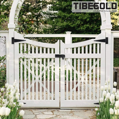 12Inch T Strap Gate Hinges Heavy Duty Black Tee Hinges for Wooden Fences Yard Gates installed on white picket gates.