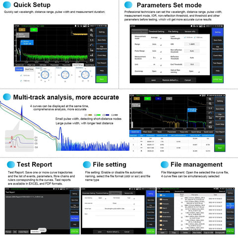 OTDR fiber optic tester UI on a 5.4-inch touchscreen, showing Quick Setup and Parameter Set panels.